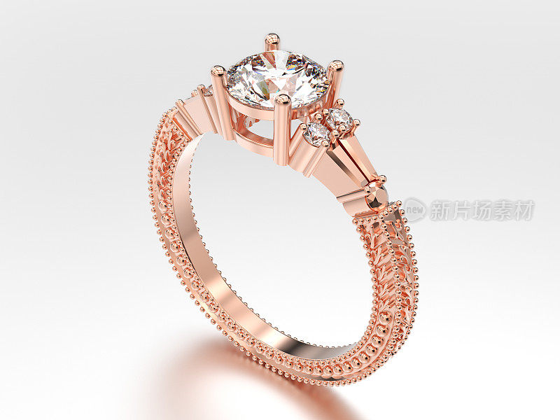3D插图玫瑰金装饰钻石戒指与点缀在一个灰色