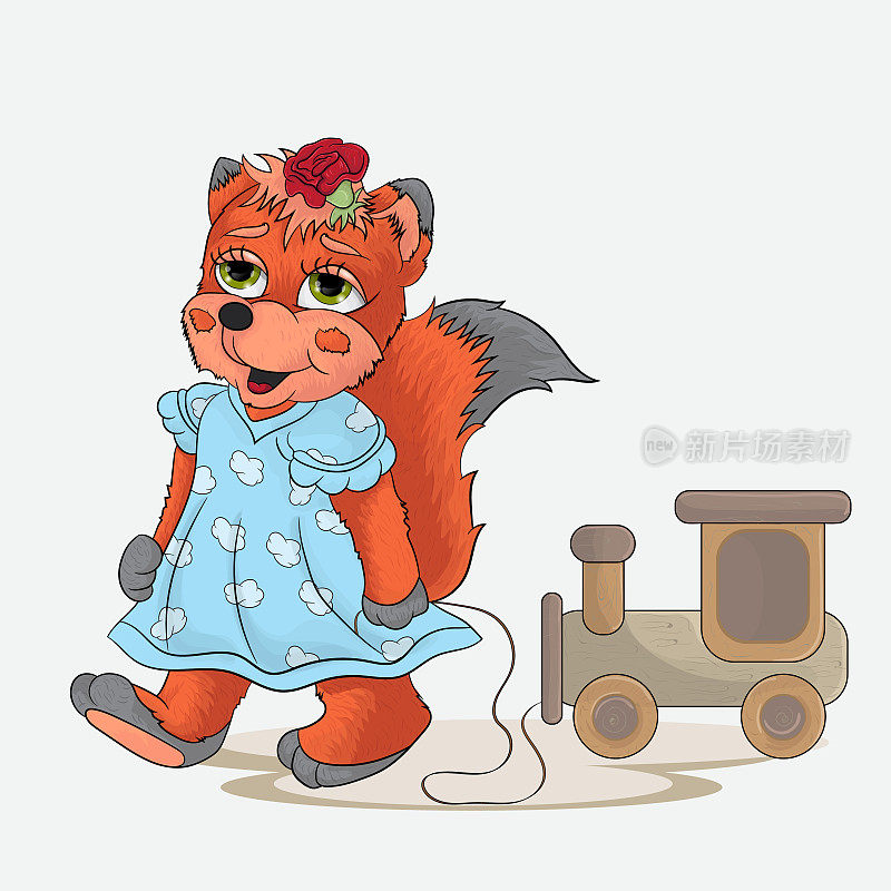 穿着裙子的小女孩狐狸卷着玩具火车