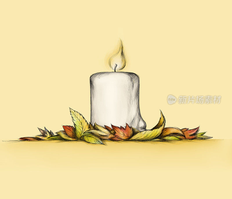 厚厚的蜡烛与秋叶在明亮的黄色背景