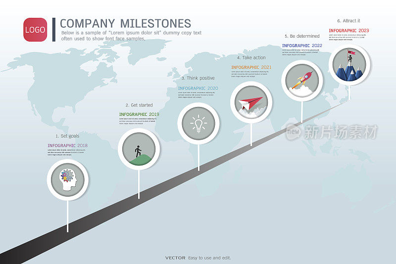 里程碑时间线信息图设计模板，图表，图表和其他矢量元素，可以用于项目管理中的里程碑，以标记项目时间线上的特定点。