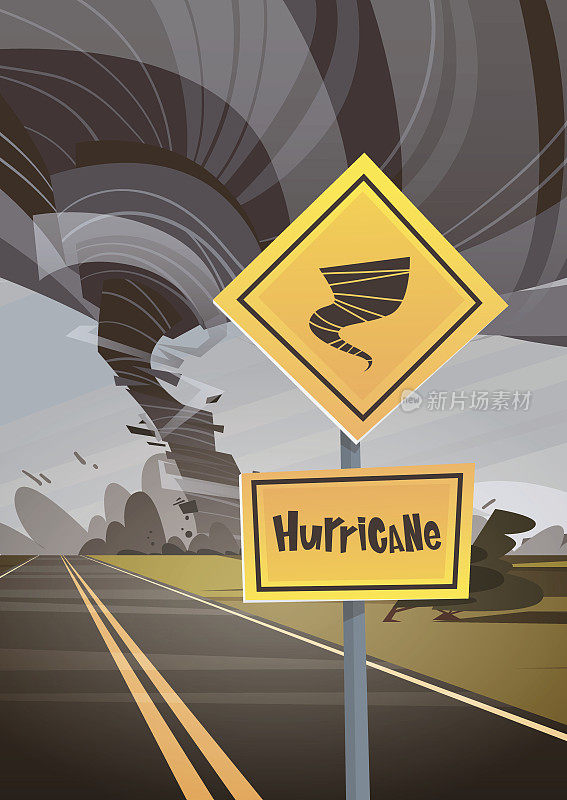道路标志警告龙卷风，龙卷风，飓风乡村风漩涡破坏场自然灾害概念