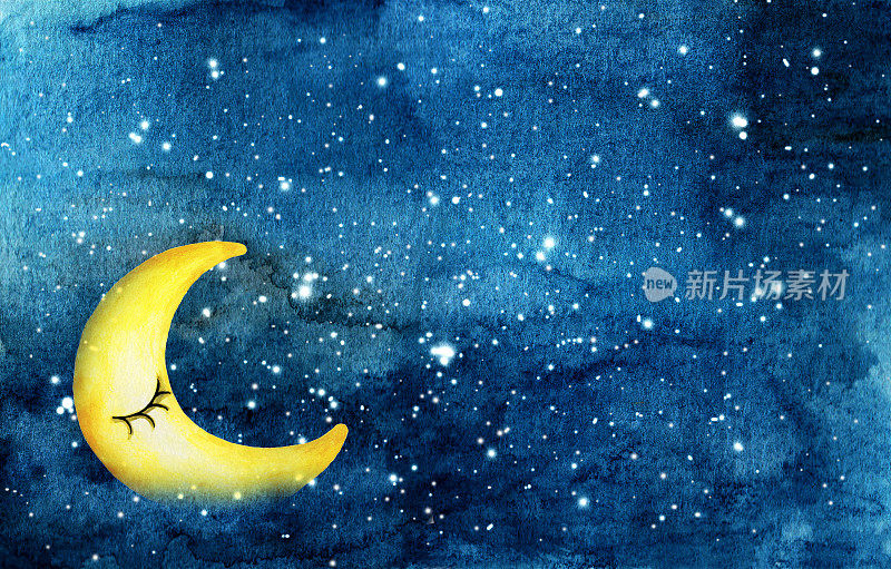 夜空与黄色新月和星星水彩抽象染色夜空背景