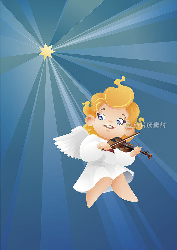 微笑着在夜空上飞翔，孩子天使，音乐家小提琴家，小提琴手，对着一颗星星演奏