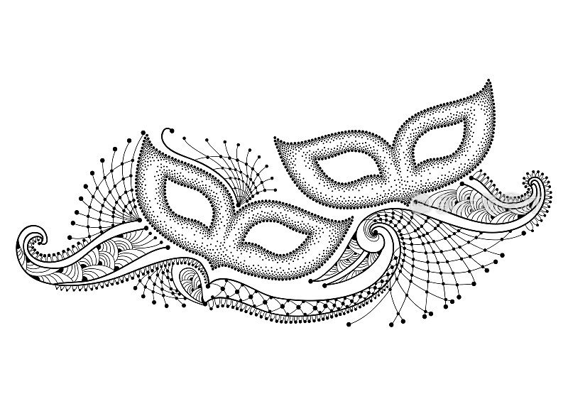 矢量绘图与两个星点嘉年华面具和轮廓装饰花边在黑色孤立的白色背景。