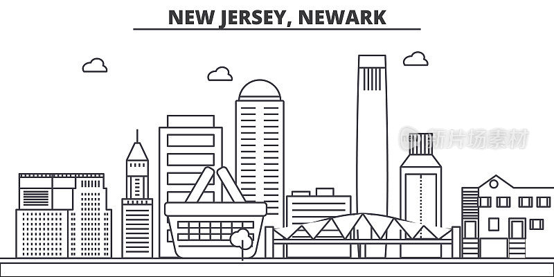 新泽西，纽瓦克建筑线天际线插图。线性向量的城市景观与著名的地标，城市景观，设计图标。风景与可编辑的笔触