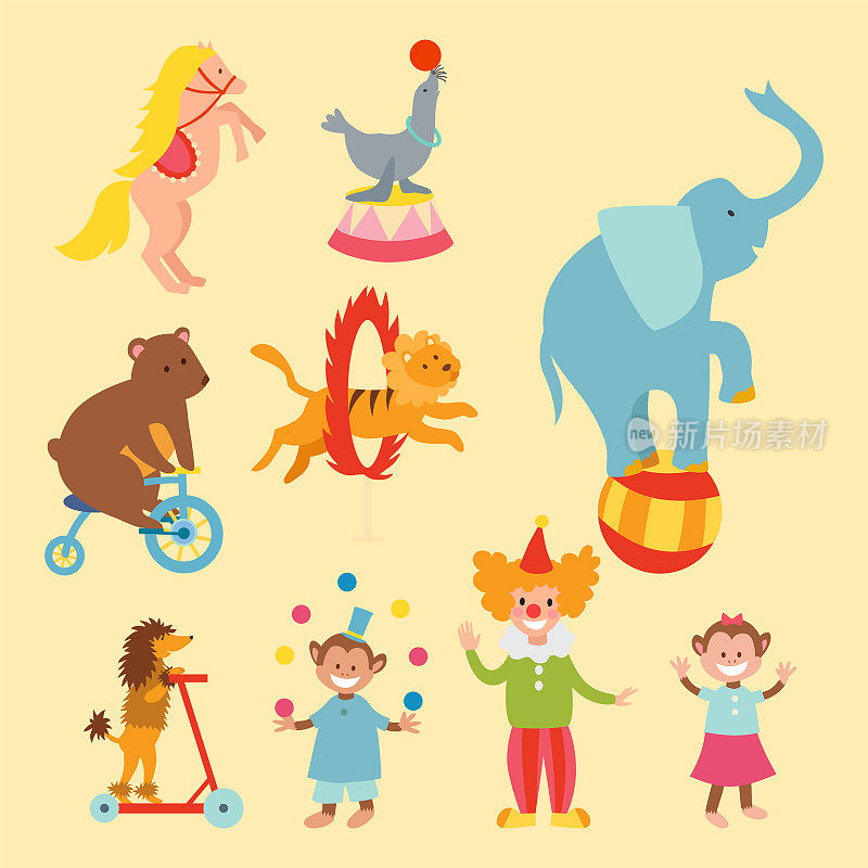 马戏团有趣的动物向量图标，愉快的动物园娱乐收集杂耍宠物魔术师表演者狂欢节插图