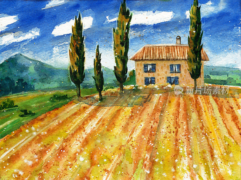 意大利乡村风景水彩画。典型的托斯卡纳山，有柏树和农田。