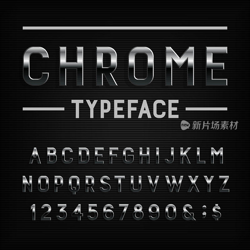 Chrome效果字母字体。金属字母、数字和符号。