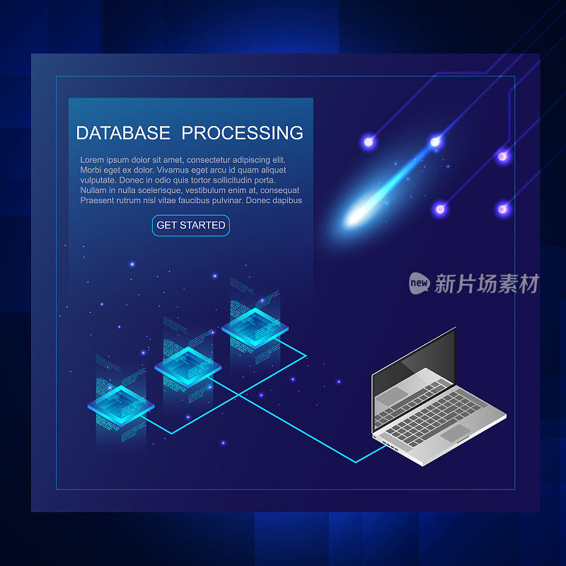 服务器和数据处理概念等距，数据中心和数据库图标，数字信息技术，霓虹蓝暗梯度，矢量。插图