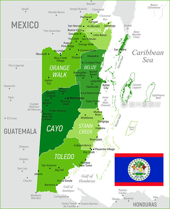 伯利兹绿色地图与国旗，省份和边界
