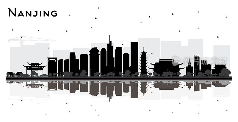 中国南京城市天际线剪影与黑色建筑和反射孤立在白色。