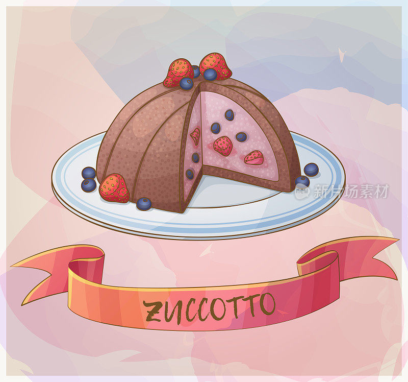 有浆果图标的祖托甜品。卡通矢量插图冷冻蛋糕与草莓和蓝莓。粉彩系列浆果甜品系列