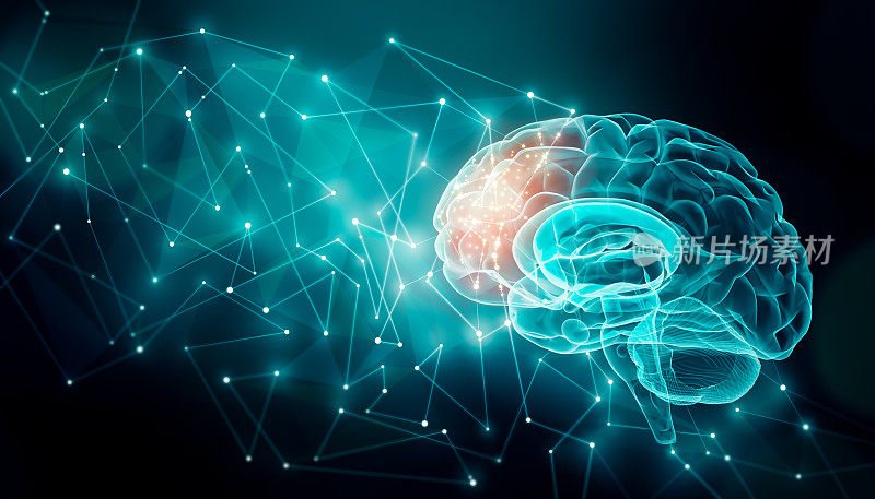 人类大脑的活动与神经丛有关。大脑额叶的外部连接。沟通，心理学，人工智能或AI，神经元信息或认知概念插图与复制空间。