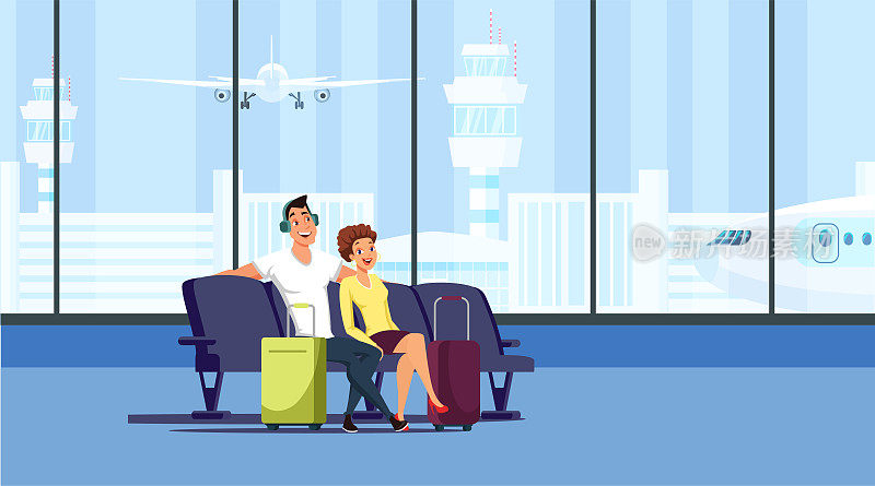 夫妇在机场航站楼平面矢量插图