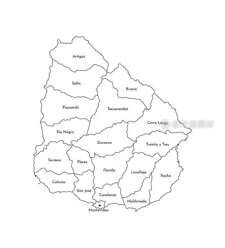 乌拉圭简化行政地图矢量孤立插图。各部门(地区)的边界和名称。黑色的轮廓线