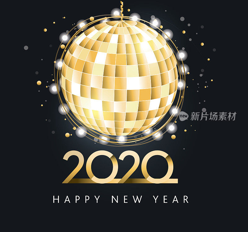 2020年新年快乐迪斯科球贺卡横幅设计在金属黄金与闪光