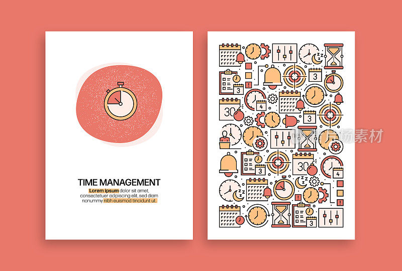 时间管理相关设计。现代矢量模板的小册子，封面，传单和年度报告。