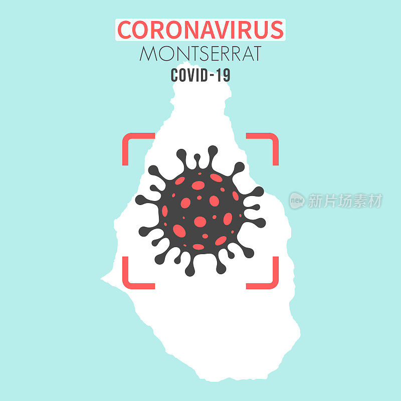 蒙特塞拉特地图，红色取景器中有冠状病毒细胞(COVID-19)