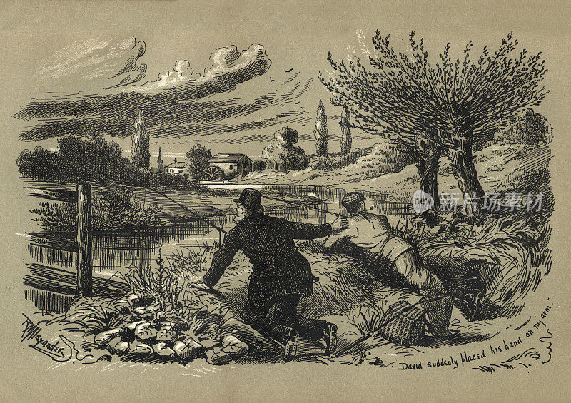 维多利亚时代垂钓者钓鲤鱼，19世纪
