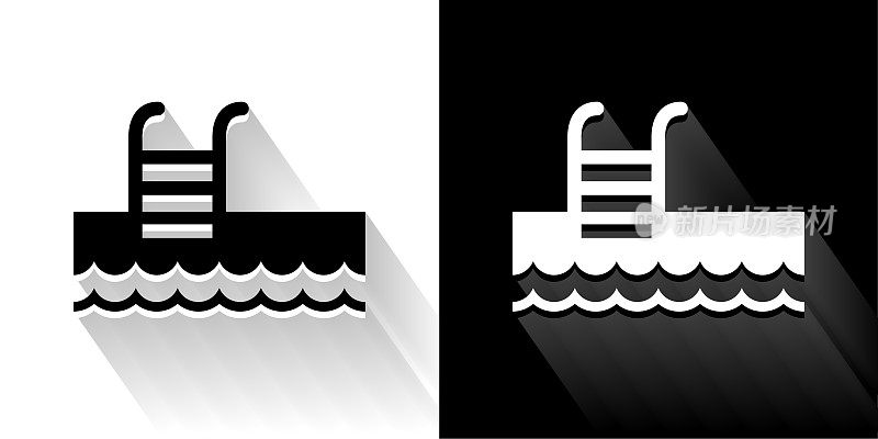 游泳池梯子黑色和白色图标与长影子