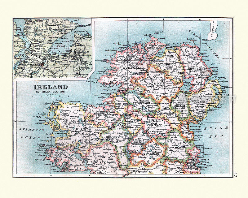 北爱尔兰的古董地图，19世纪伦敦德里的细节