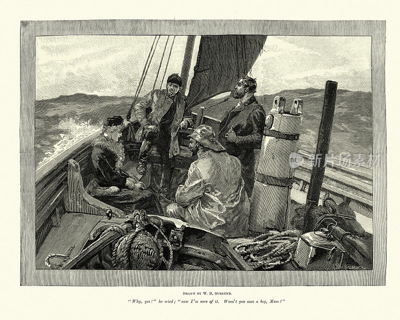 19世纪维多利亚时代的一群人在一艘小帆船上