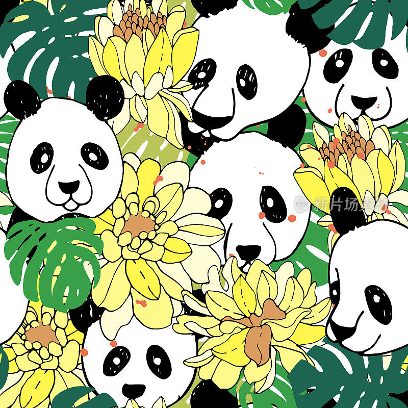 熊猫无缝图案素描风格。手绘熊猫图案插图与郁郁葱葱的花，向量。可爱的卡通野生动物。孩子们的背景。儿童插图