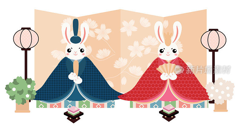 女儿节日本女孩节日庆祝卡。皇帝家族的兔子娃娃，坐在年糕、金屏风和樱花。字幕翻译:Hinamatsuri