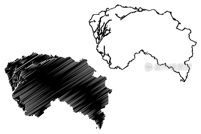 东莞市(中华人民共和国，广东省)地图矢量插图，潦草素描东坤市或东宽地图