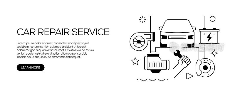 汽车服务和修理店相关的网页横幅线条风格。现代线性设计矢量插图的网站横幅,网站标题等。