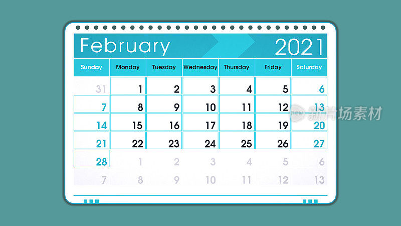 2月2021年日历页插图在蓝色，孤立在蓝色背景