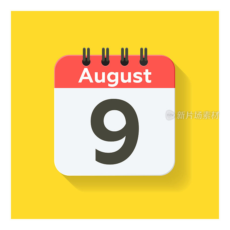 8月9日-日日历图标在平面设计风格。黄色背景。