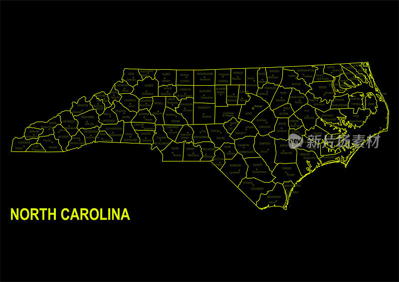 北卡罗来纳州的霓虹地图，以黑色为背景