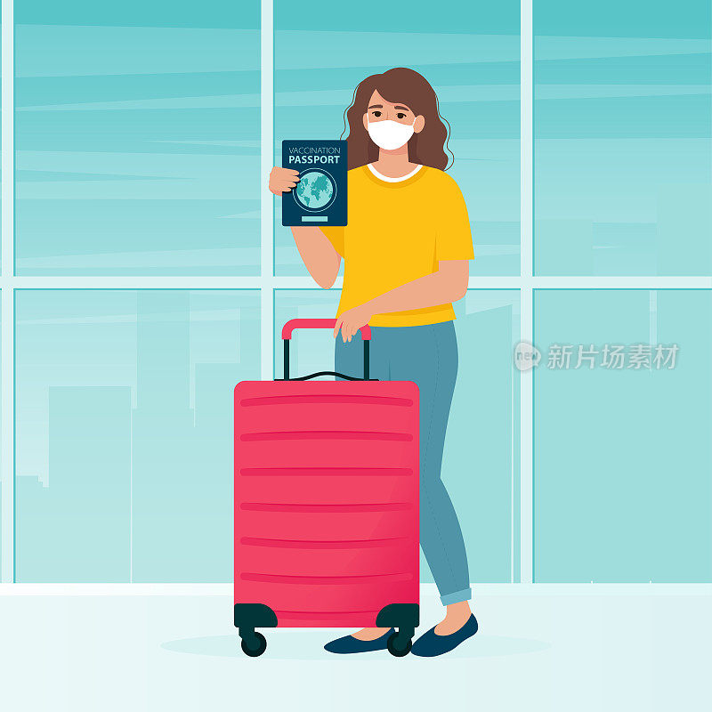 女子携带旅行袋及防疫护照在机场。阻止冠状病毒COVID-19传播的隔离措施。平面风格的矢量插图