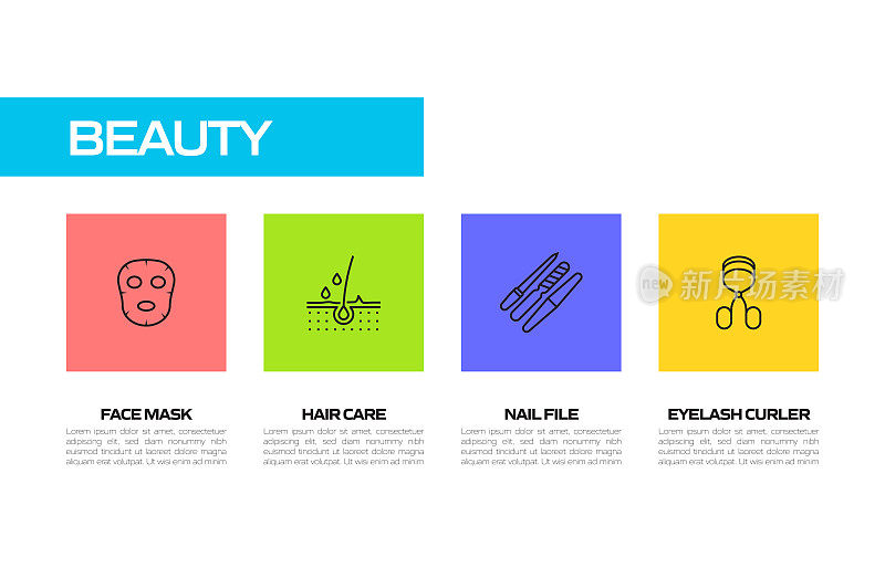 美容，身体护理和化妆品相关的线图标。矢量符号说明。