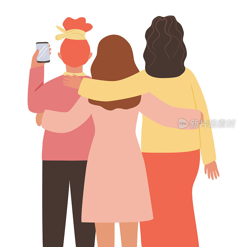 三个女人拥抱，在手机上自拍。从后面看。卡通女性角色。不同女人之间的友谊，爱情，帮助的概念。国际妇女节，女权主义，集体起来