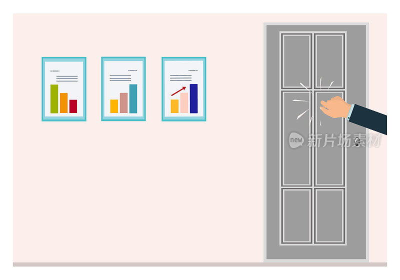 敲门声。那人的手在敲门。请允许我进入房间。办公空间。坚定的、执着的商人、客户、经理、客人或销售人员。向量