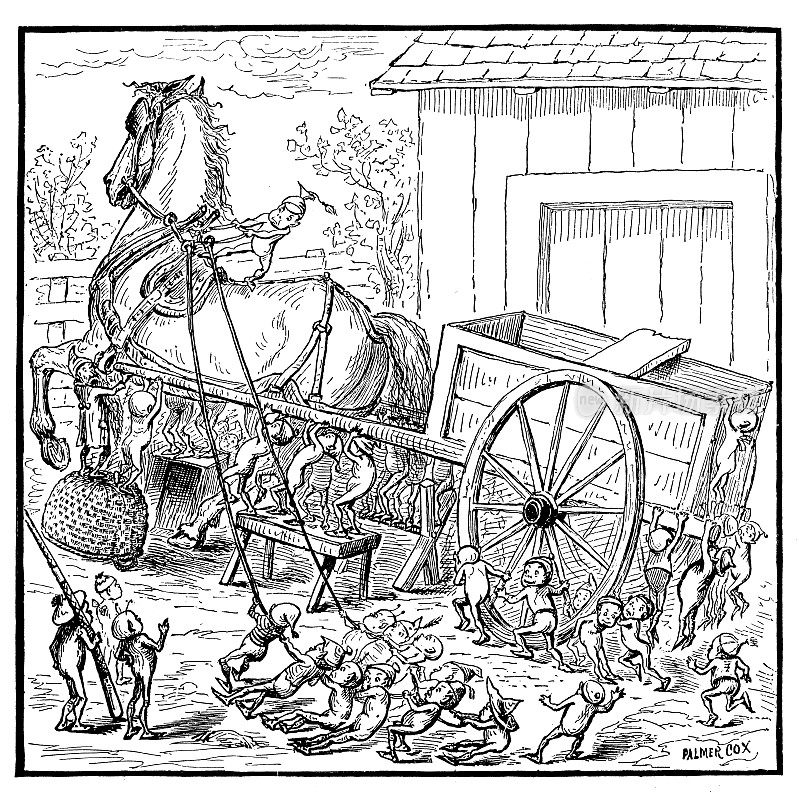 有趣的卡通人物的古董插图(“布朗尼”，1887年)