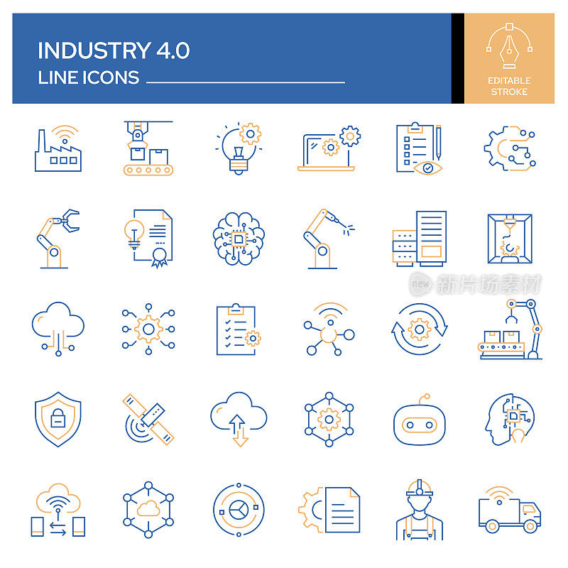 工业4.0相关线条图标的设置。轮廓符号集合，可编辑的描边