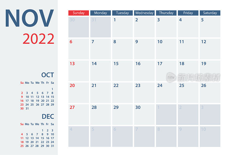 2022年11月日历规划器矢量模板。一周从周日开始
