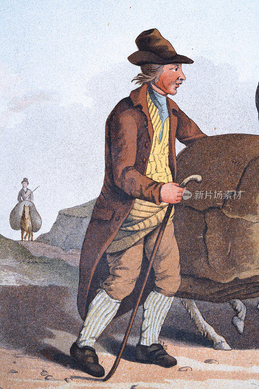 布匠，约克郡服装，男人穿着大衣帽子，带着登山杆，19世纪早期的英国艺术