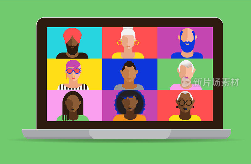 在笔记本电脑屏幕上的虚拟会议与不同的同事在现代充满活力的平面色彩