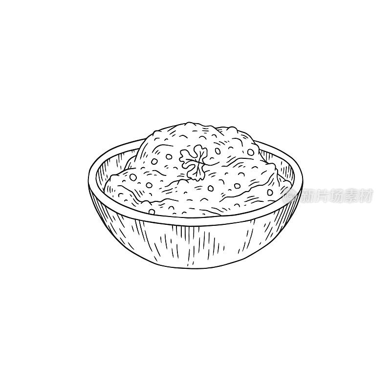 鹰嘴豆泥在碗传统中东蘸或小吃，素描矢量插图孤立的白色背景。