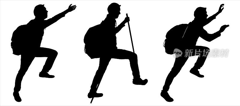 男游客背着背包，手里拿着拐杖。徒步旅行的男游客。攀登者爬起来，付出努力。徒步旅行。攀登高山。黑色轮廓孤立在白色上。