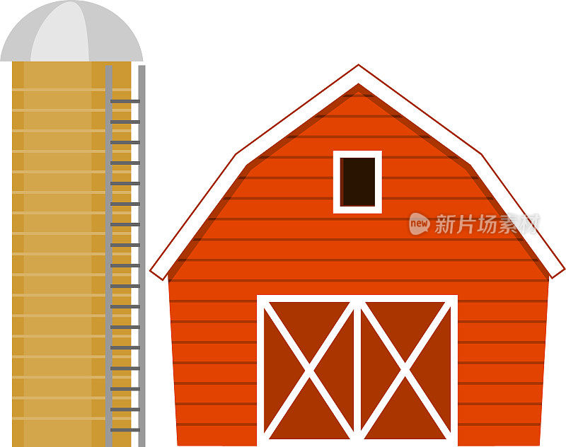 红色卡通谷仓和塔筒仓孤立在白色背景上