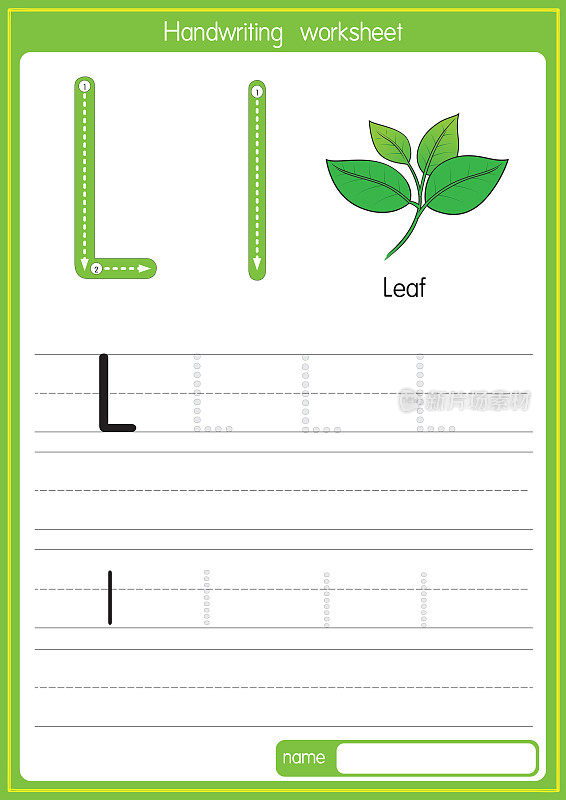矢量说明叶与字母L大写字母或大写字母的儿童学习练习ABC