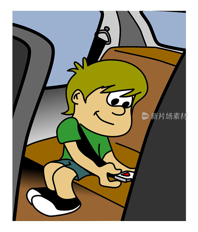 可爱的男孩坐在汽车后座上系安全带。卡通风格彩色插图。