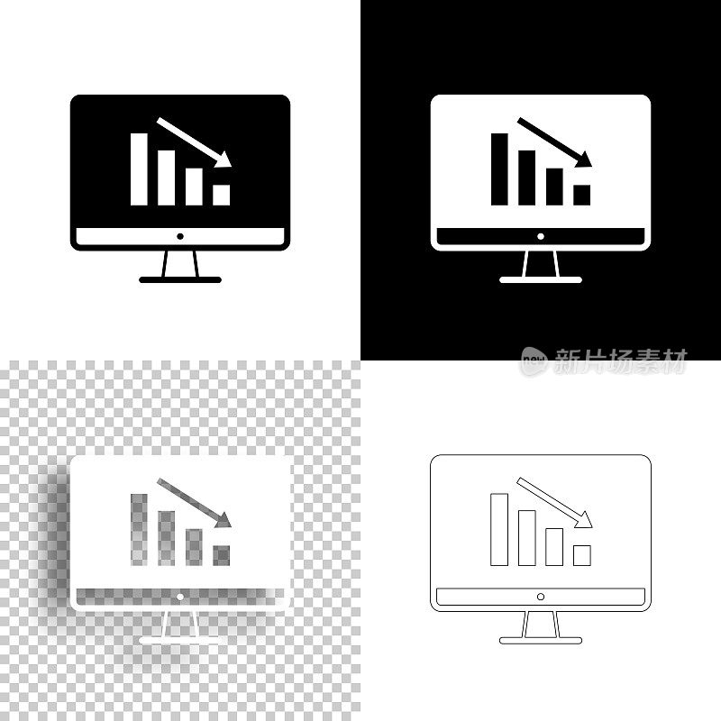台式机下降图表。图标设计。空白，白色和黑色背景-线图标