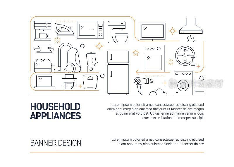 家用电器相关的矢量横幅设计概念，现代线条风格与图标