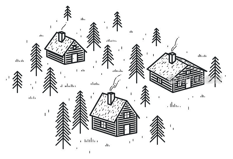 乡村乡村在树林中线性矢量插图孤立在白色上，木头房子在树林中线条艺术绘画，乡村小木屋小屋，在荒野中旅行休息。
